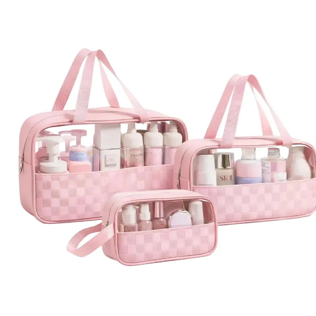 Premium Makeup Bag Set of 3 for Women – Clear PVC Checkered Travel Cosmetic Organizer Scrollcart Qatar 