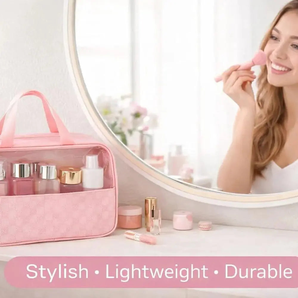 Premium Makeup Bag Set of 3 for Women – Clear PVC Checkered Travel Cosmetic Organizer Scrollcart Qatar 