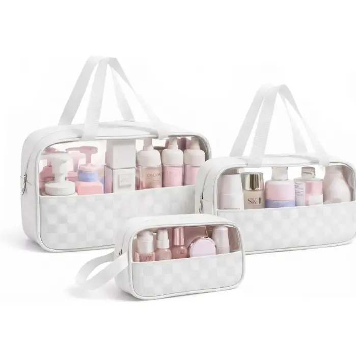 Premium Makeup Bag Set of 3 for Women – Clear PVC Checkered Travel Cosmetic Organizer Scrollcart Qatar 