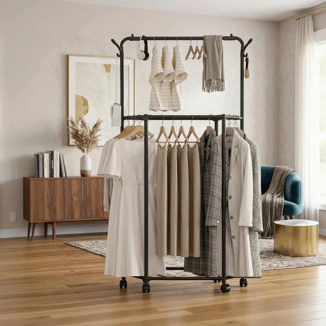 Premium Two-Tier Heavy-Duty Mobile Clothes Rack & Wheels Scrollcart Qatar 