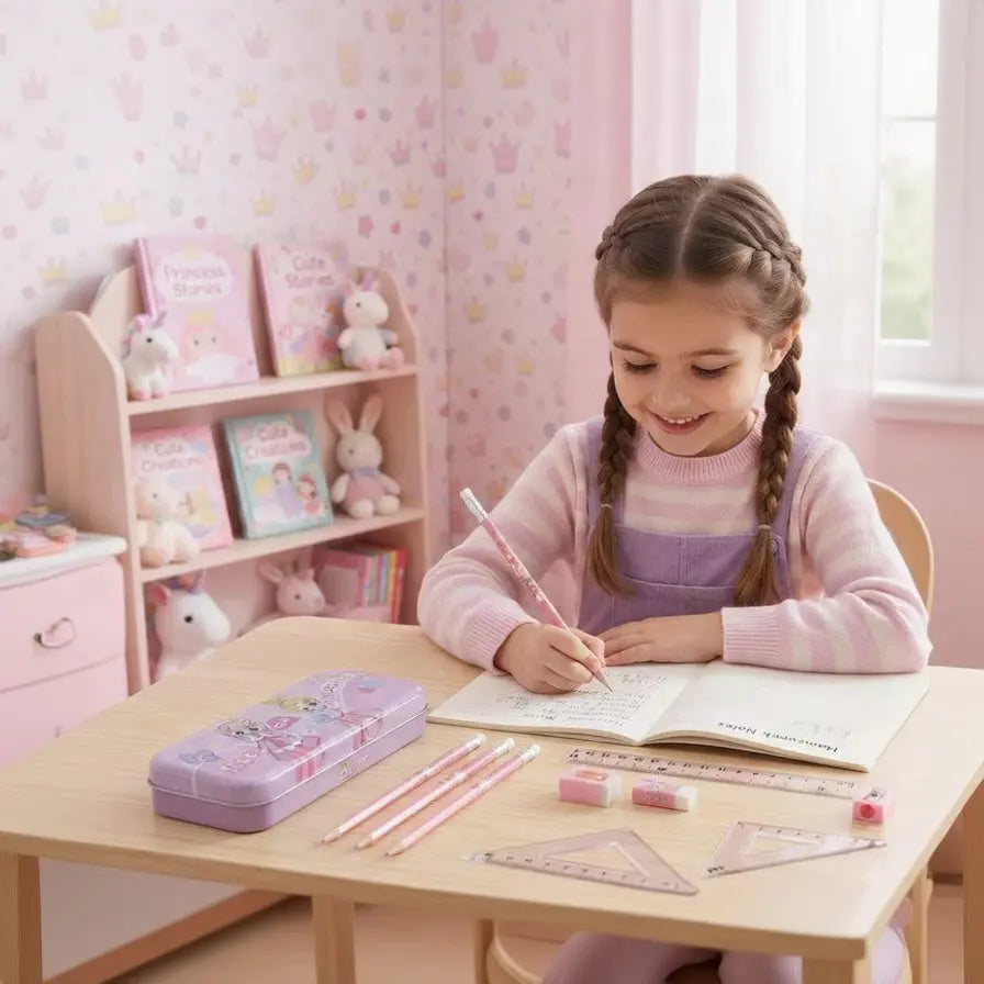 Princess Stationery Set for Girls – Metal Pencil Case, Pencils & Geometry Tools Scrollcart Qatar 