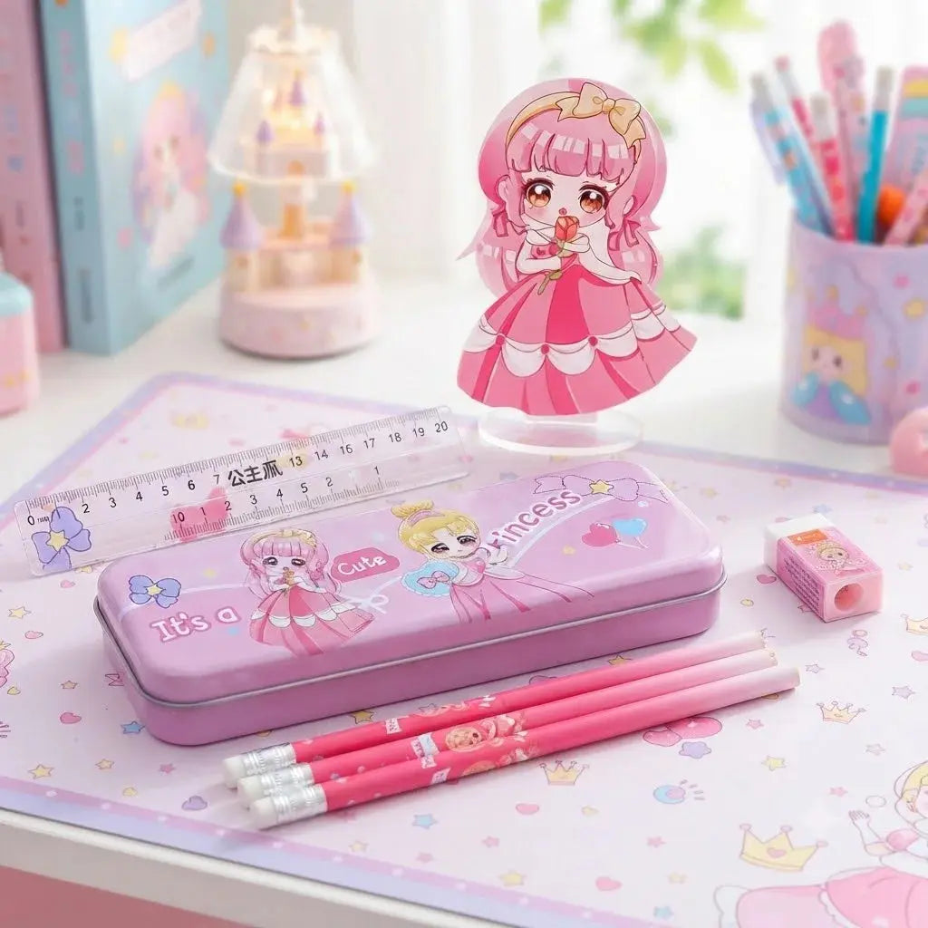 Princess Stationery Set for Girls – Metal Pencil Case, Pencils & Geometry Tools Scrollcart Qatar 