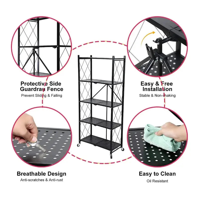 Liftable Storage Rack Multi Tier Foldable Metal Storage Rack Stand with Movable Wheel