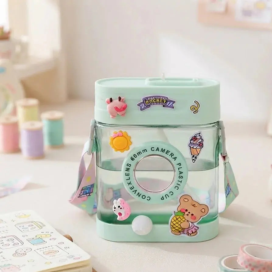 Retro Camera Water Bottle for Kids & Teenager – 450ml Plastic Sipper with Shoulder Strap Scrollcart Qatar 