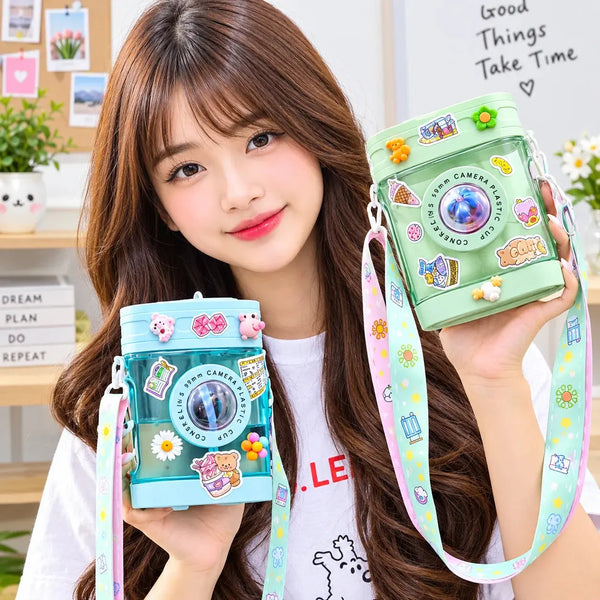 Retro Camera Water Bottle for Kids & Teenager – 450ml Plastic Sipper with Shoulder Strap Scrollcart Qatar 