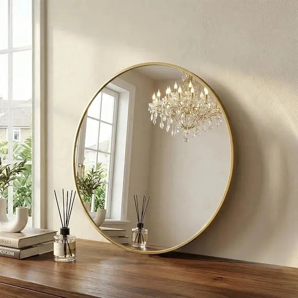 Round Gold Wall Mirror- Hanging Circle Mirror for Bathroom, Bedroom & Living Room Scrollcart Qatar 
