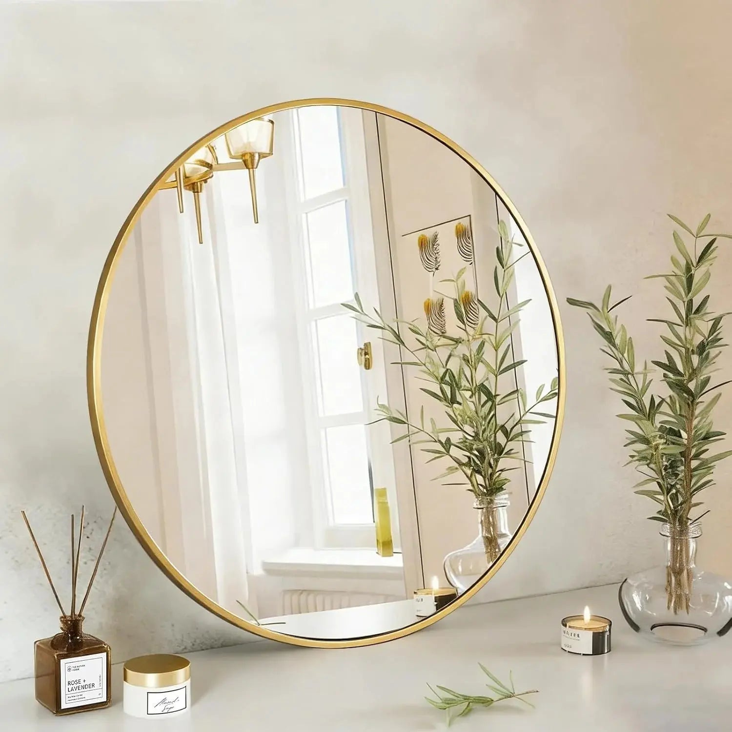 Round Gold Wall Mirror- Hanging Circle Mirror for Bathroom, Bedroom & Living Room Scrollcart Qatar 
