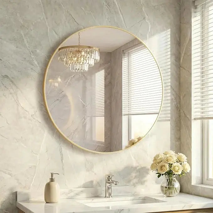 Round Gold Wall Mirror- Hanging Circle Mirror for Bathroom, Bedroom & Living Room Scrollcart Qatar 