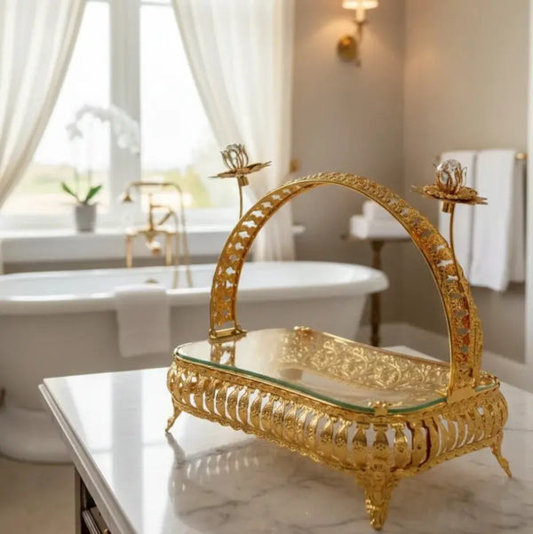 Royal Gold Serving Tray with Glass Base Scrollcart Qatar 