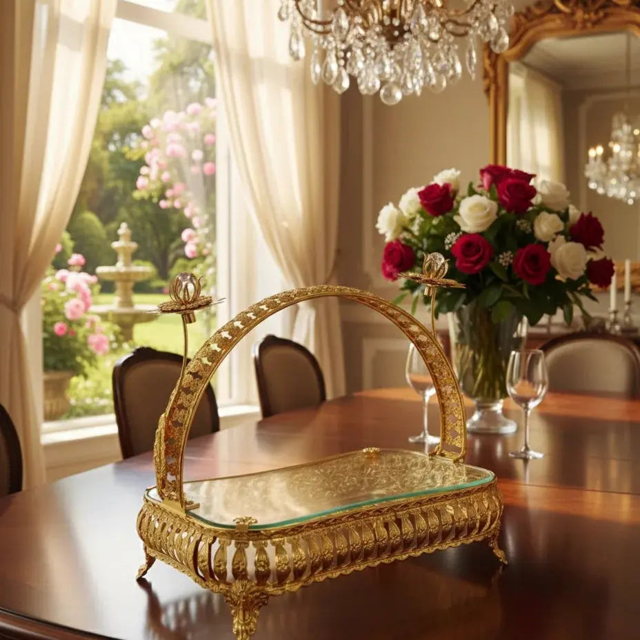 Royal Gold Serving Tray with Glass Base Scrollcart Qatar 