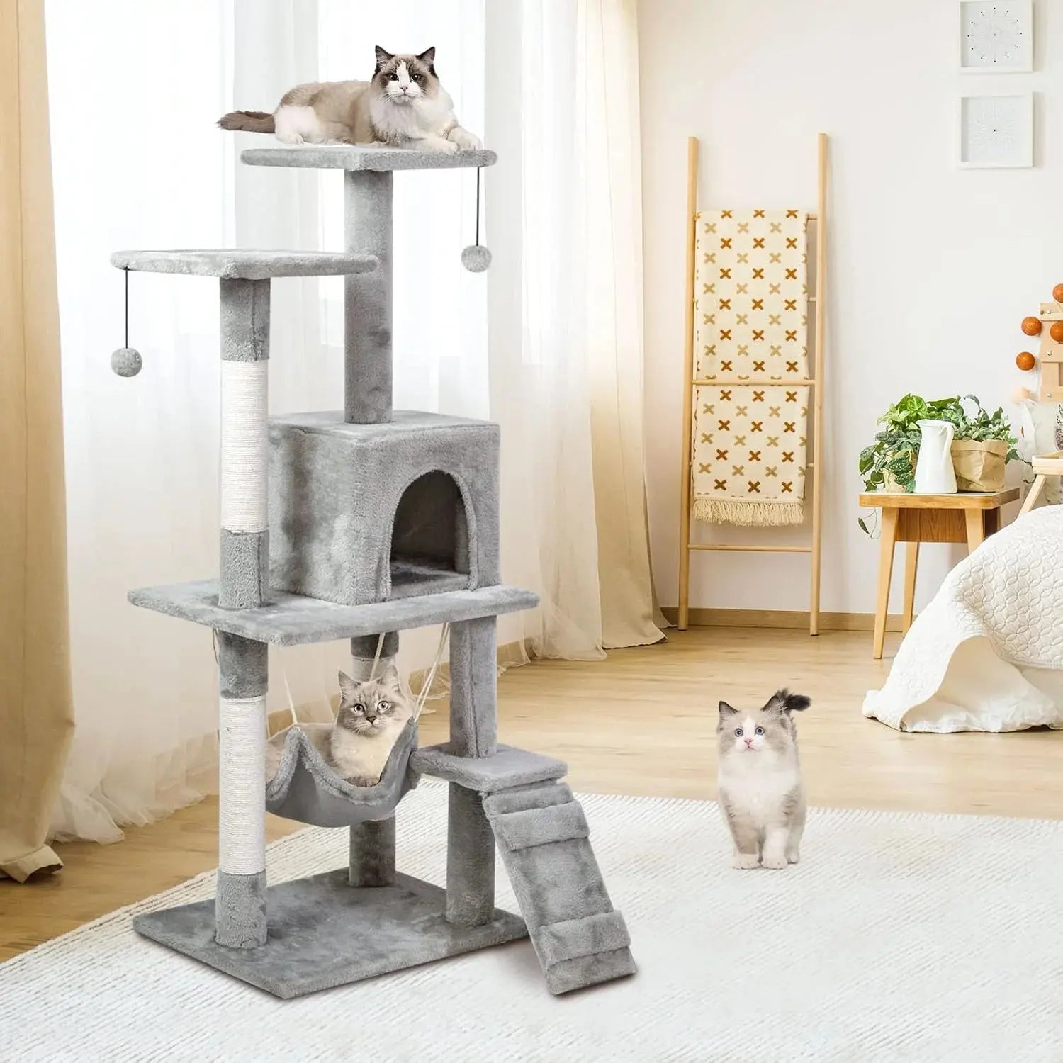 SKY-TOUCH Grey Cat Tree Tower with Sisal Scratching Posts and Hammock for Indoor Cats in Doha Qatar