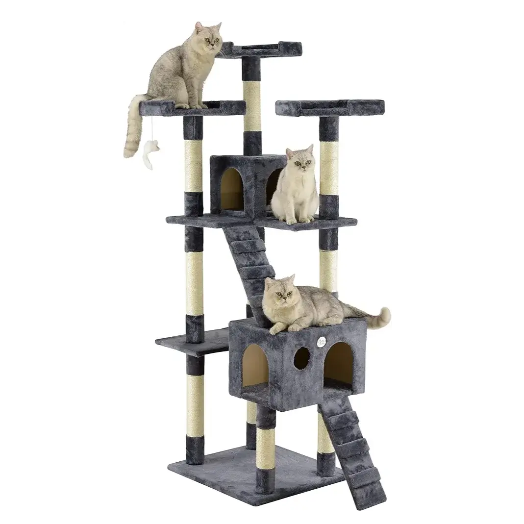SKY-TOUCH Grey Cat Tree Tower with Sisal Scratching Posts and Hammock for Indoor Cats in Doha Qatar