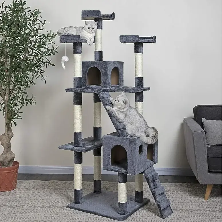 SKY-TOUCH Grey Cat Tree Tower with Sisal Scratching Posts and Hammock for Indoor Cats in Doha Qatar