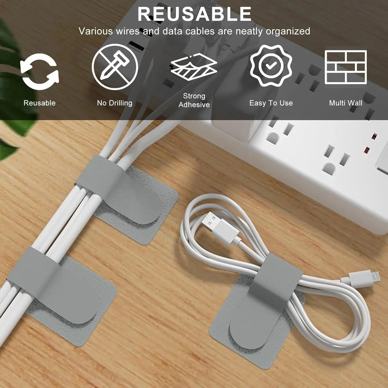 Self-Adhesive Hook & Loop Gray Cable Straps Set-50pcs Qatar