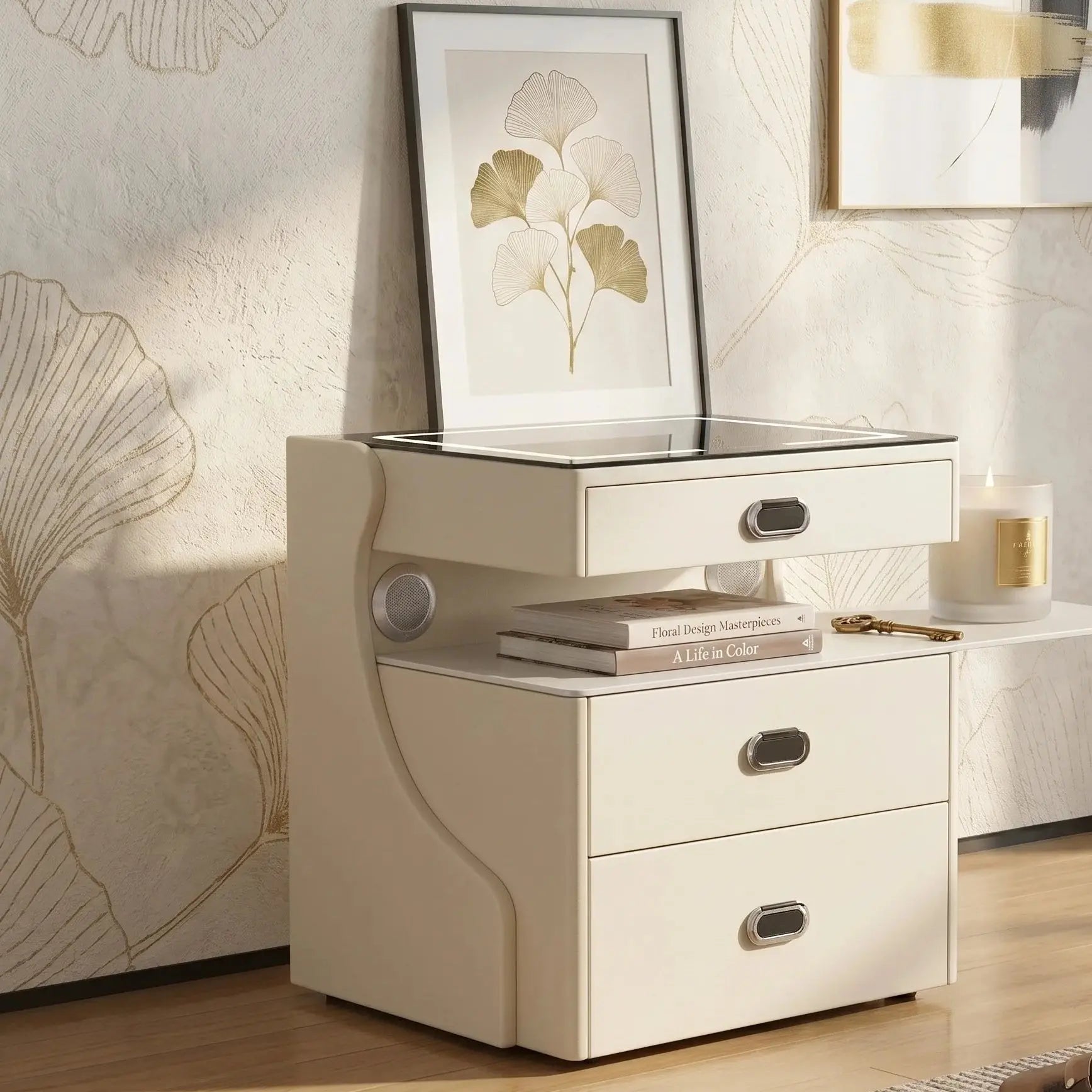 Smart Wireless Charging Nightstand with LED Light, Speaker & Safe Storage – Modern Stainless Steel Bedside Table Scrollcart Qatar 