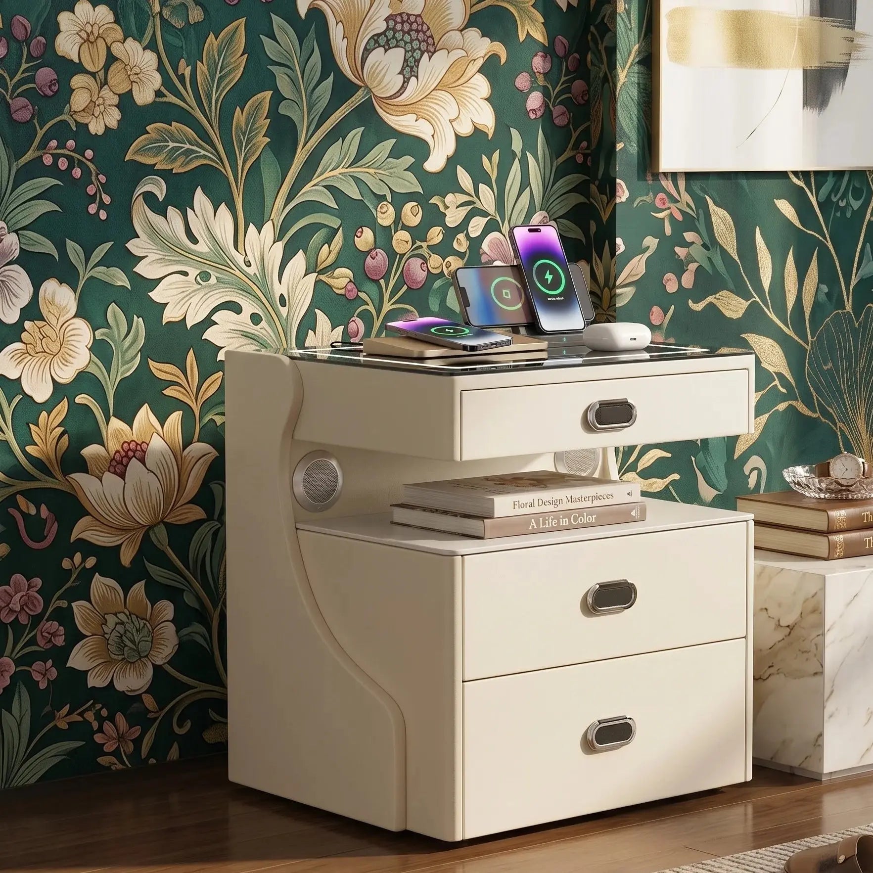 Smart Wireless Charging Nightstand with LED Light, Speaker & Safe Storage – Modern Stainless Steel Bedside Table Scrollcart Qatar 