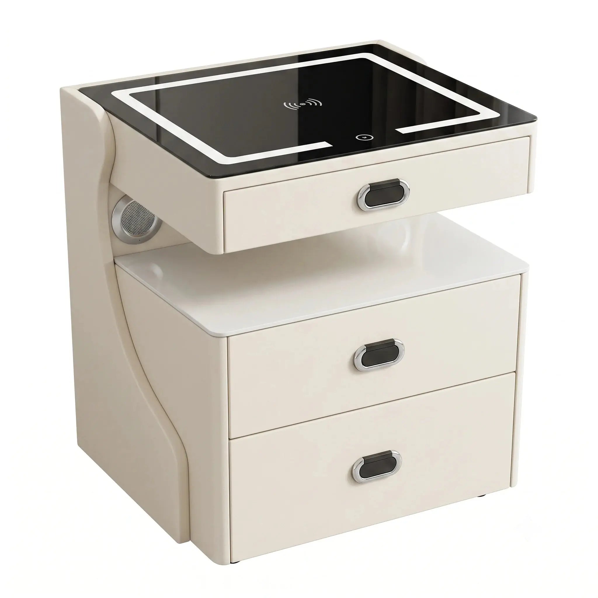 Smart Wireless Charging Nightstand with LED Light, Speaker & Safe Storage – Modern Stainless Steel Bedside Table Scrollcart Qatar 