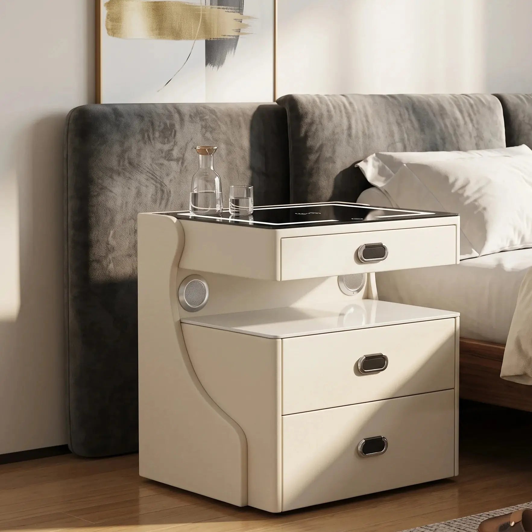 Smart Wireless Charging Nightstand with LED Light, Speaker & Safe Storage – Modern Stainless Steel Bedside Table Scrollcart Qatar 