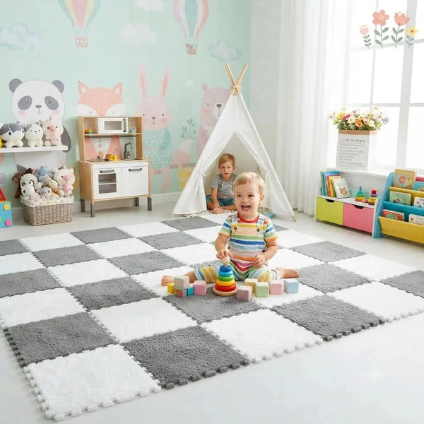 Soft Interlocking Carpet Floor Mat-10Pcs Soft Plush Foam Puzzle Floor Tiles for Kids, Home & Exercise Scrollcart Qatar 