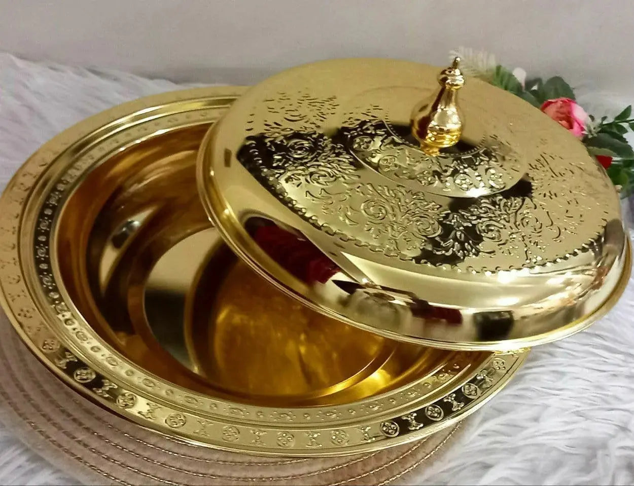 Stainless Steel Food Serving Gold Round Dinner Plate Scrollcart Qatar 