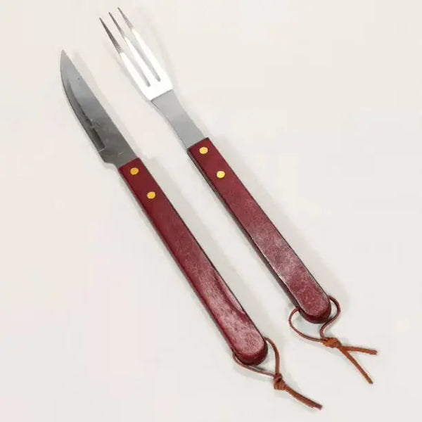 Stainless Steel Grill Fork & Knife Set with Wooden Handles