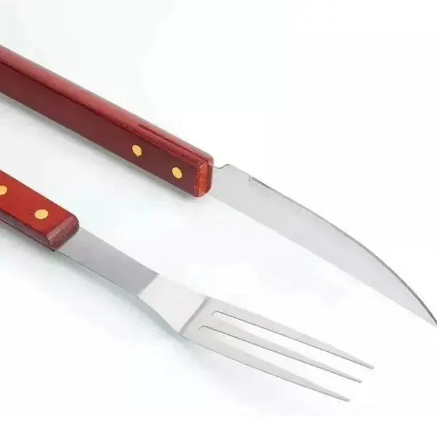 Stainless Steel Grill Fork & Knife Set with Wooden Handles