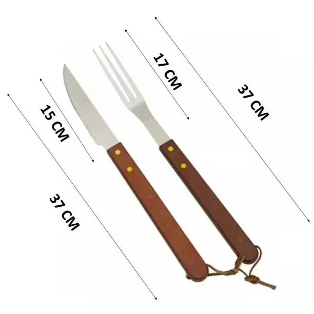 Stainless Steel Grill Fork & Knife Set with Wooden Handles