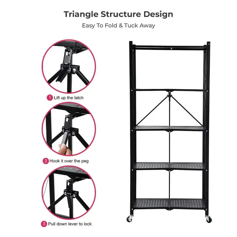 Multi Tier Foldable Metal Storage Rack Stand with Movable Wheel