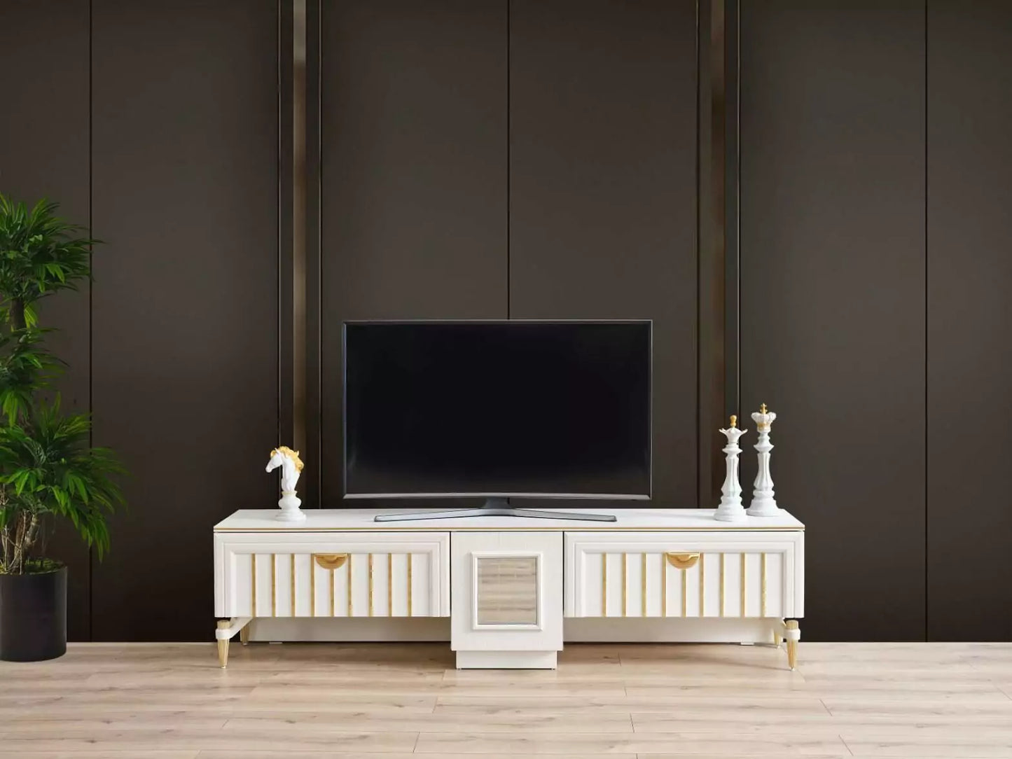 TV Stand In White & Golden Frond View