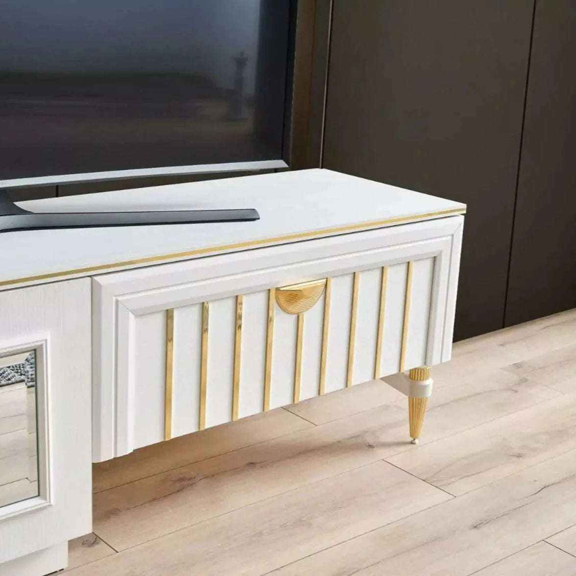 TV Stand In White & Golden Side corner