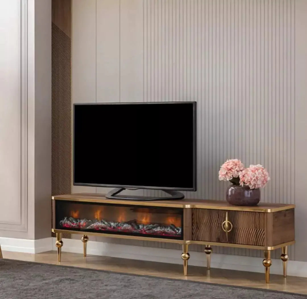 TV Unit with Fireplace | Vimini Home Derya - wood colour