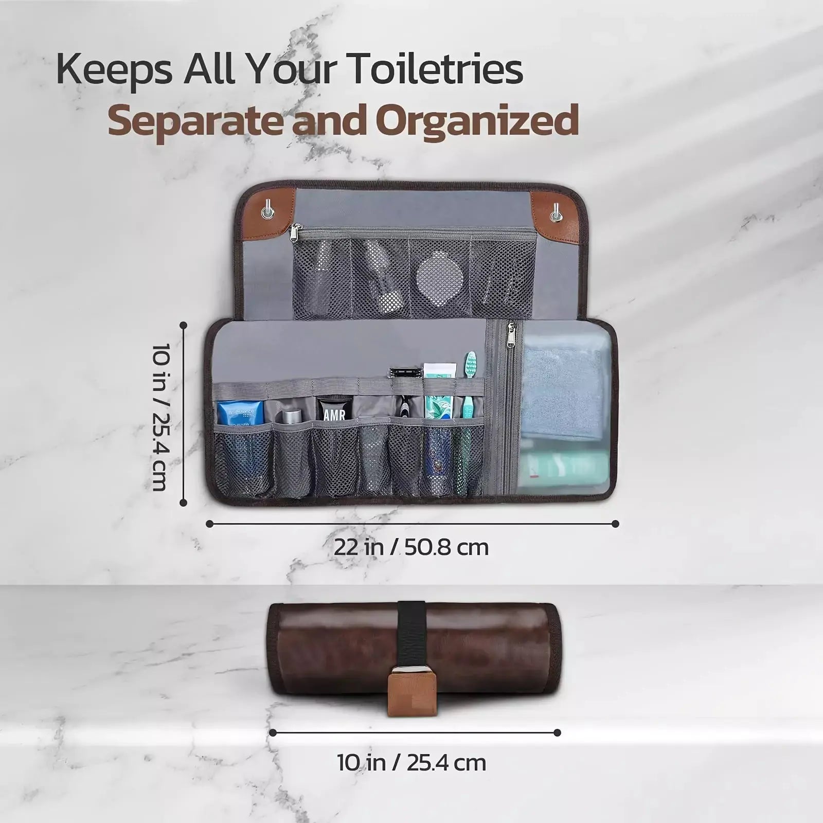 Travel Toiletry Bag PU Leather Compact - Roll Organizer Dimension