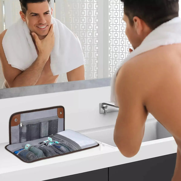 Travel Toiletry Bag PU Leather Compact - a man faced in mirror