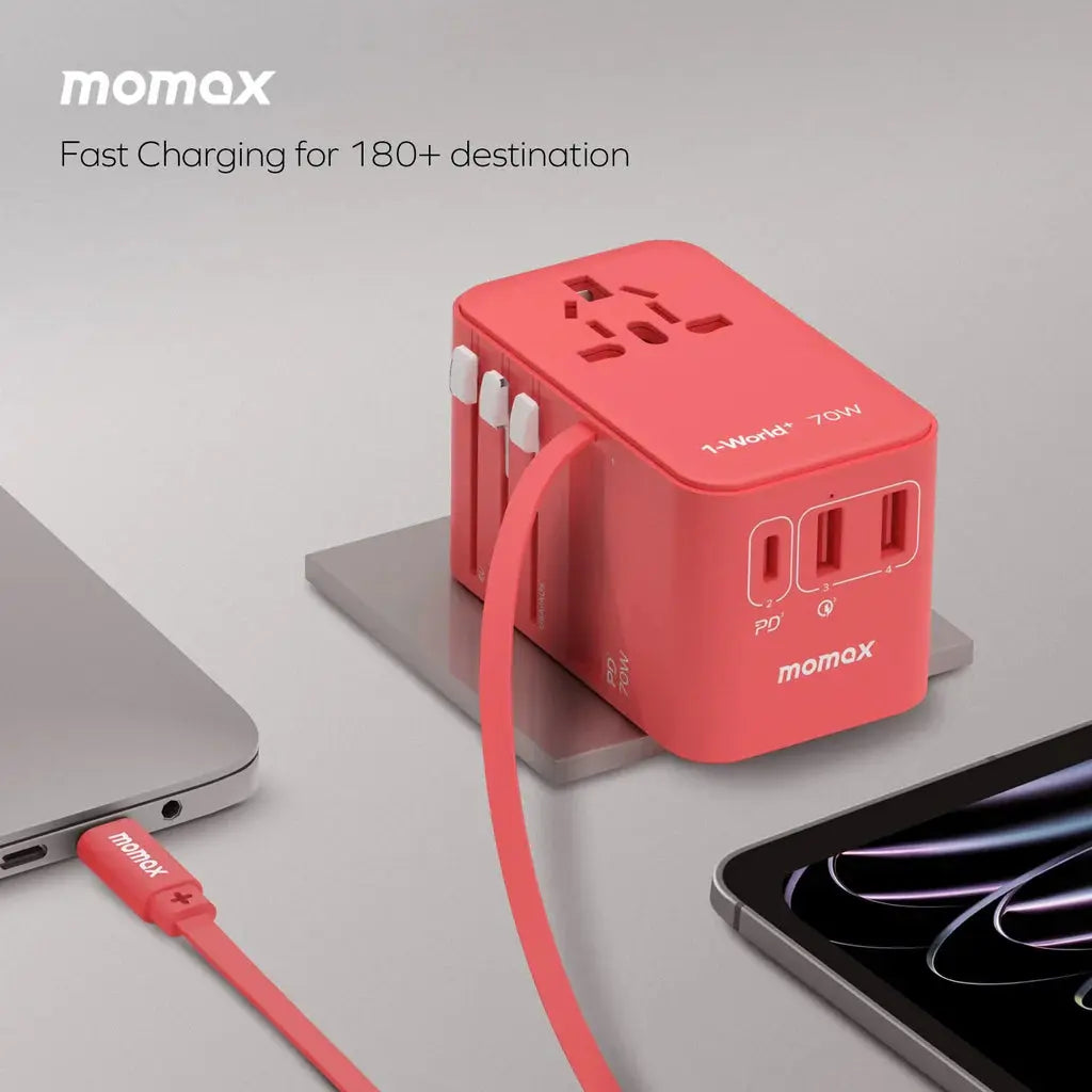 MOMAX 1-World 70W GaN Travel Adapter with Built-in USB-C Cable Alamat Qatar