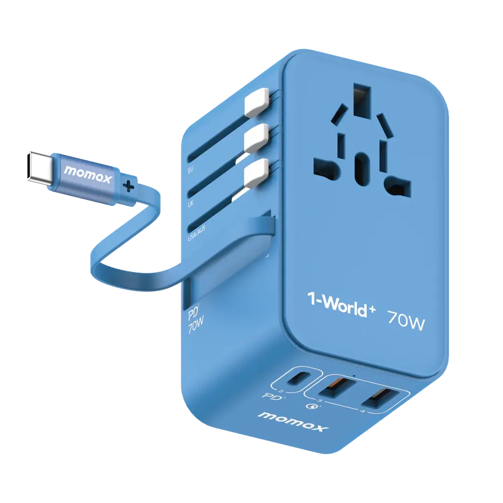 MOMAX 1-World 70W GaN Travel Adapter with Built-in USB-C Cable Alamat Qatar