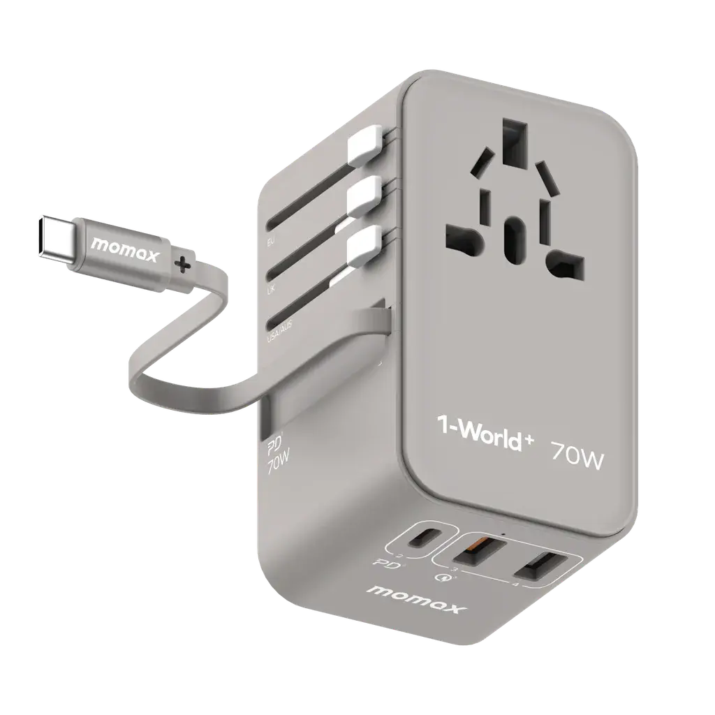 MOMAX 1-World 70W GaN Travel Adapter with Built-in USB-C Cable Alamat Qatar
