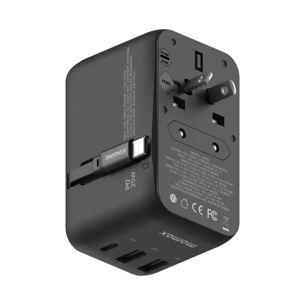 MOMAX 1-World 25W 3-Port AC Travel Adapter with Built-in USB-C Cable Alamat Qatar