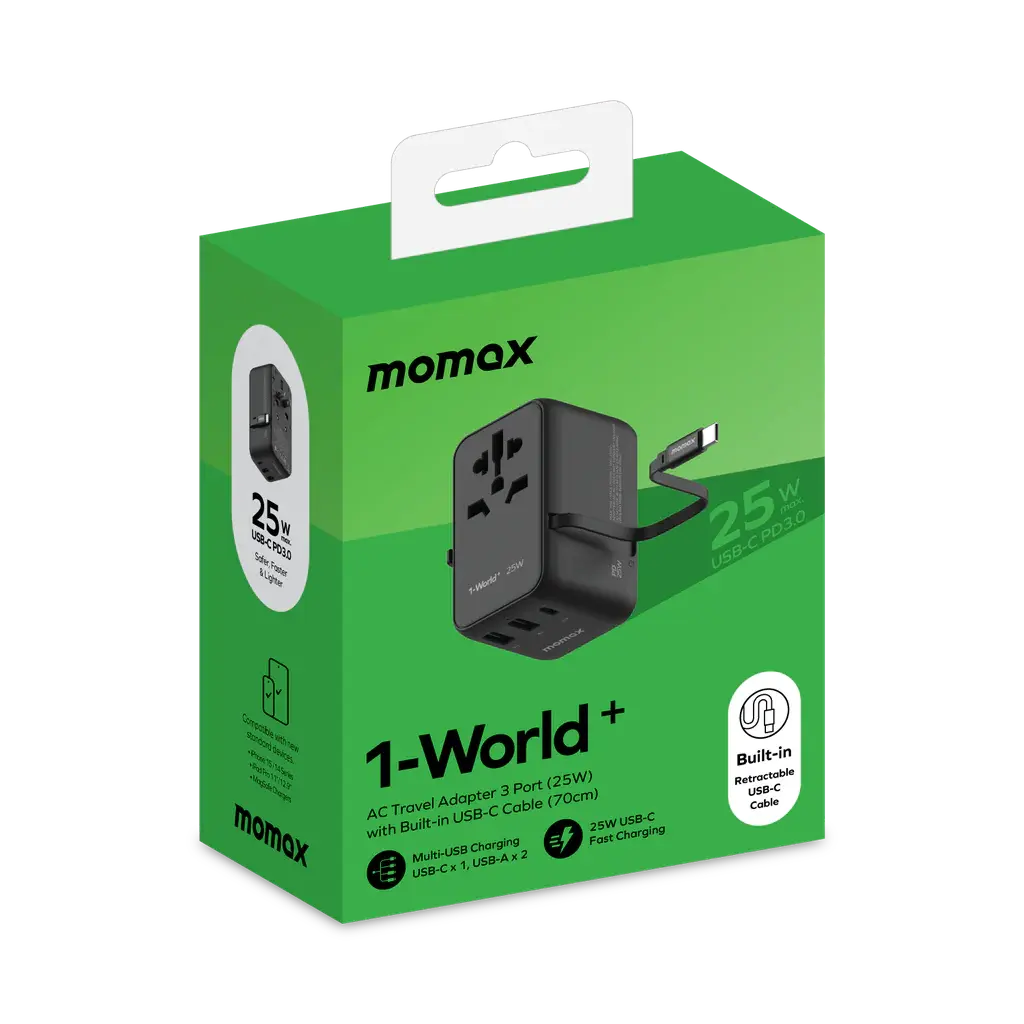 MOMAX 1-World 25W 3-Port AC Travel Adapter with Built-in USB-C Cable Alamat Qatar