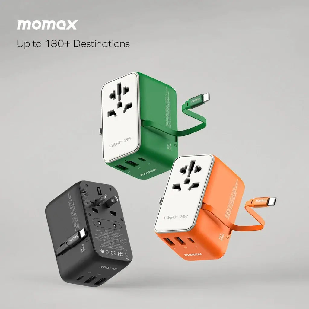 MOMAX 1-World 25W 3-Port AC Travel Adapter with Built-in USB-C Cable Alamat Qatar