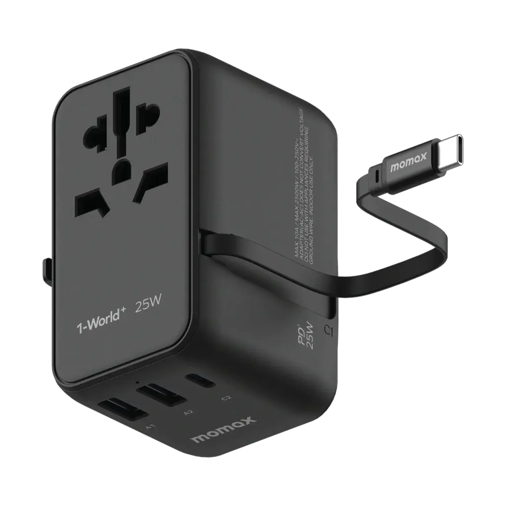 MOMAX 1-World 25W 3-Port AC Travel Adapter with Built-in USB-C Cable Alamat Qatar