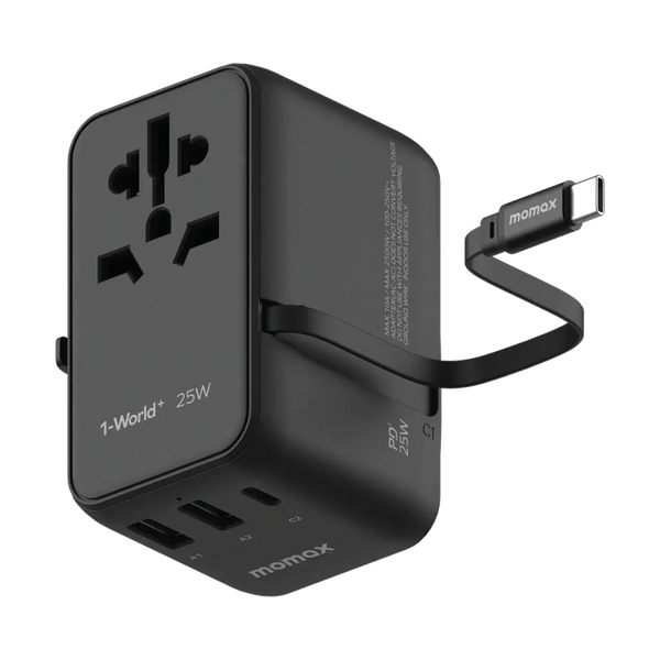 MOMAX 1-World 25W 3-Port AC Travel Adapter with Built-in USB-C Cable Alamat Qatar
