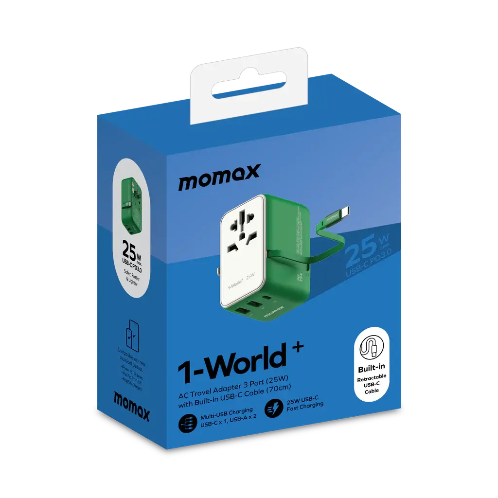 MOMAX 1-World 25W 3-Port AC Travel Adapter with Built-in USB-C Cable Alamat Qatar