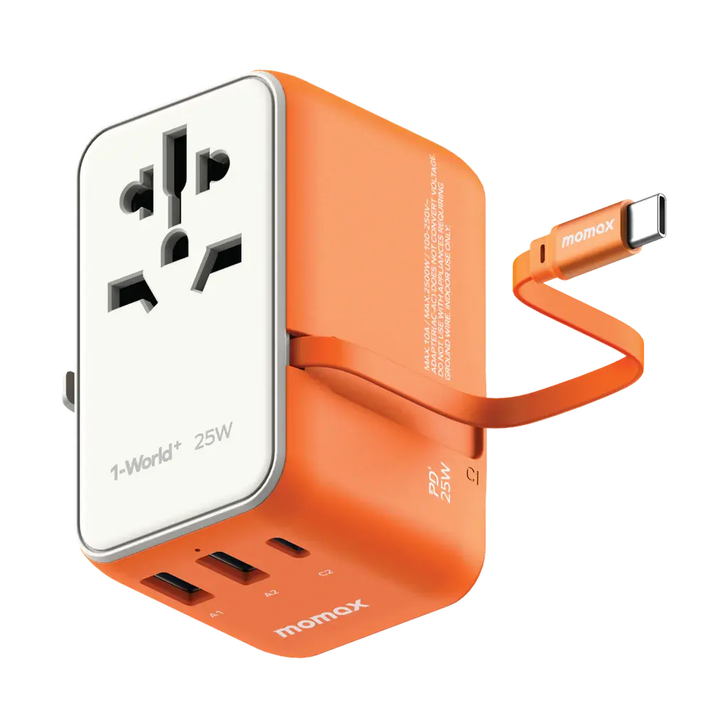 MOMAX 1-World 25W 3-Port AC Travel Adapter with Built-in USB-C Cable Alamat Qatar