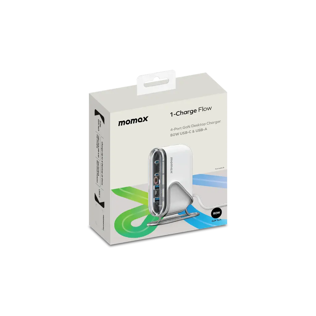 MOMAX 1-Charge Flow | 80W 4-Port GaN Desktop Fast Charger with Stand Alamat Qatar