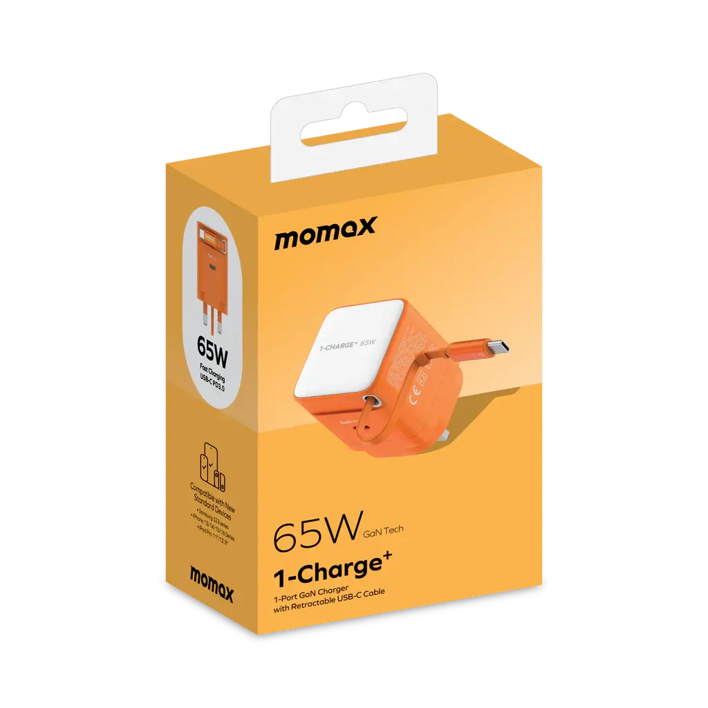 MOMAX 1-CHARGE 65W GAN 1 PORT CHARGER WITH BUILT-IN USB-C CABLE Alamat Qatar