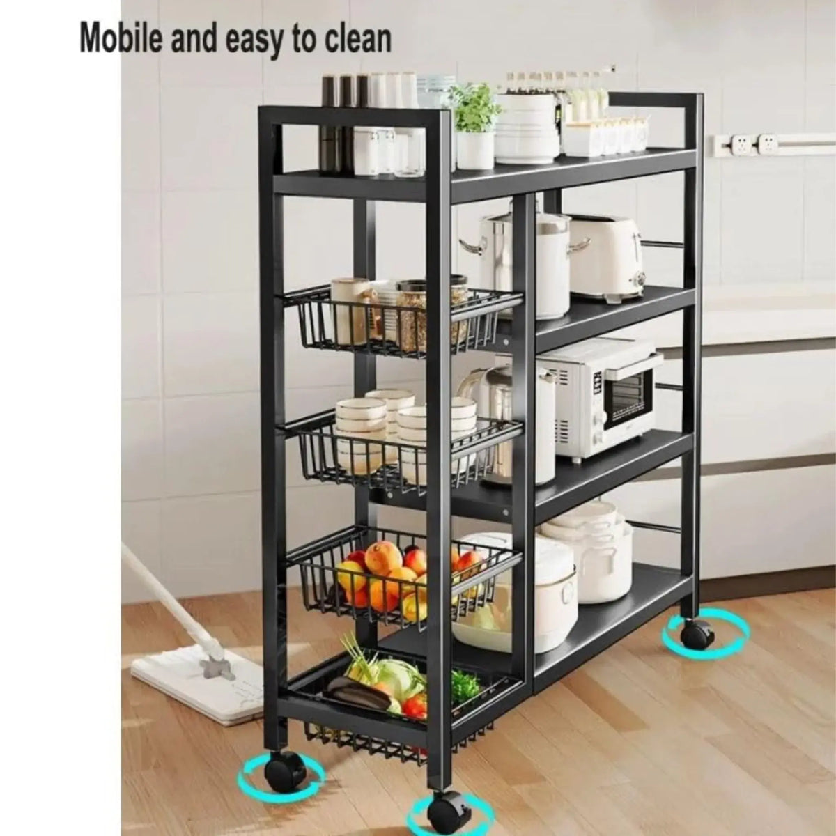 Utility Storage Rack for Kitchen – 90 × 32 × 135 cm, Mesh Baskets & Wheels Scrollcart Qatar 