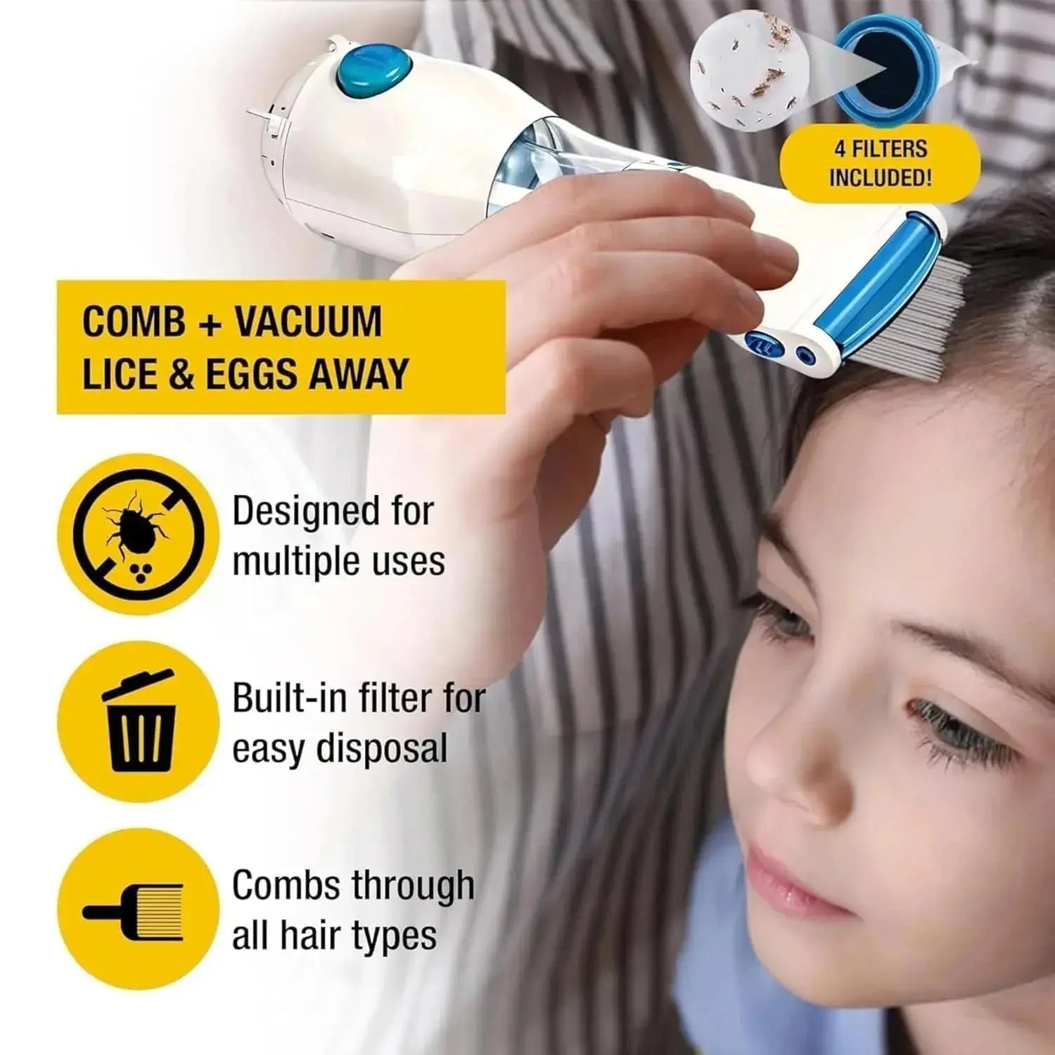 V Comb Electric Head Lice Remover – Vacuum Lice & Egg Removal Comb with Capture Filter System (Chemical-Free) 