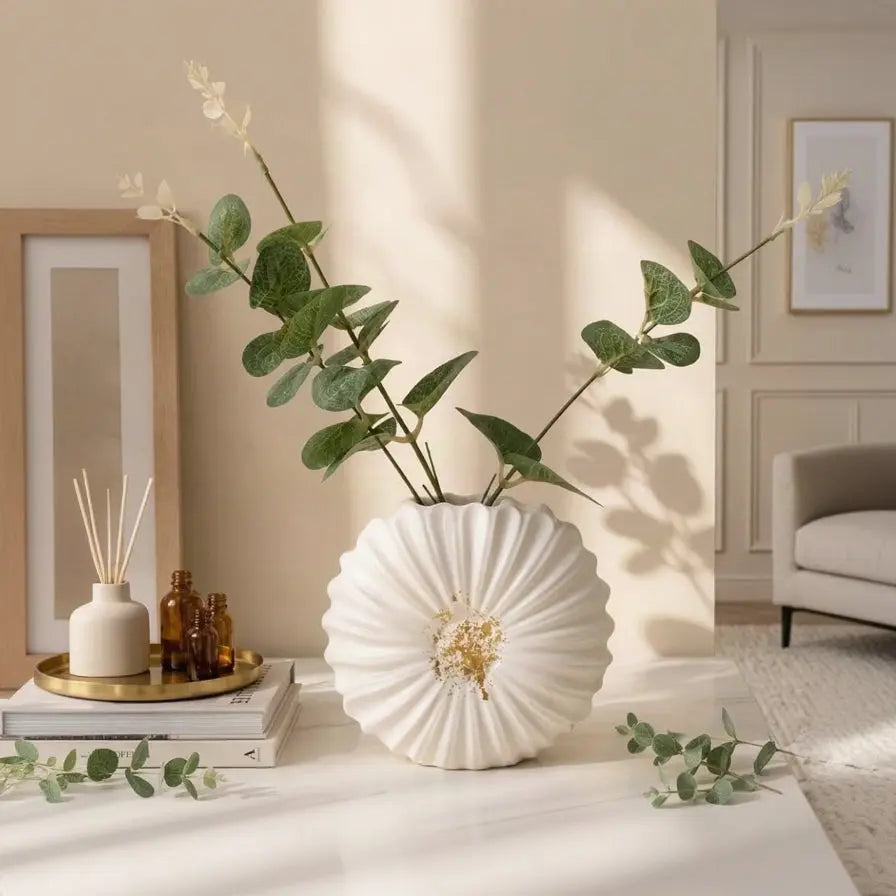 White Flower Shape Decor Vase with Artificial Plant | Modern Home Decor Vase Scrollcart Qatar 