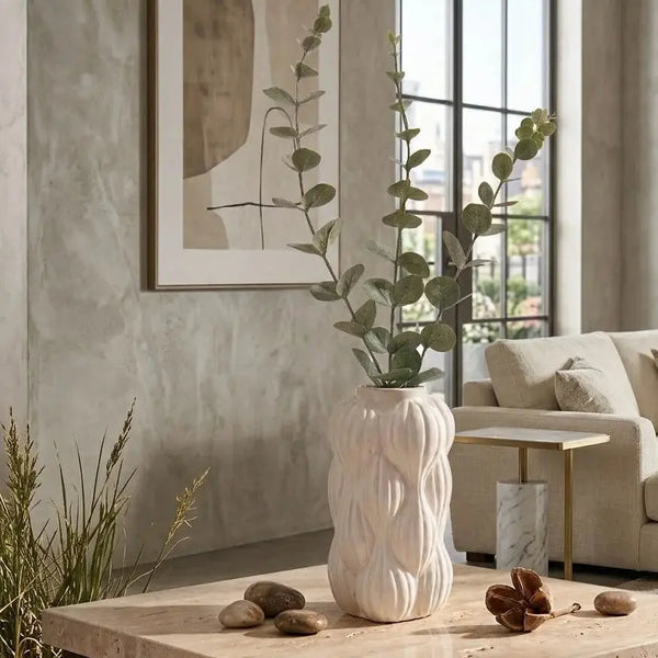 White Geometric Ceramic Vase with Artificial Plant | Modern Home Decor Scrollcart Qatar 