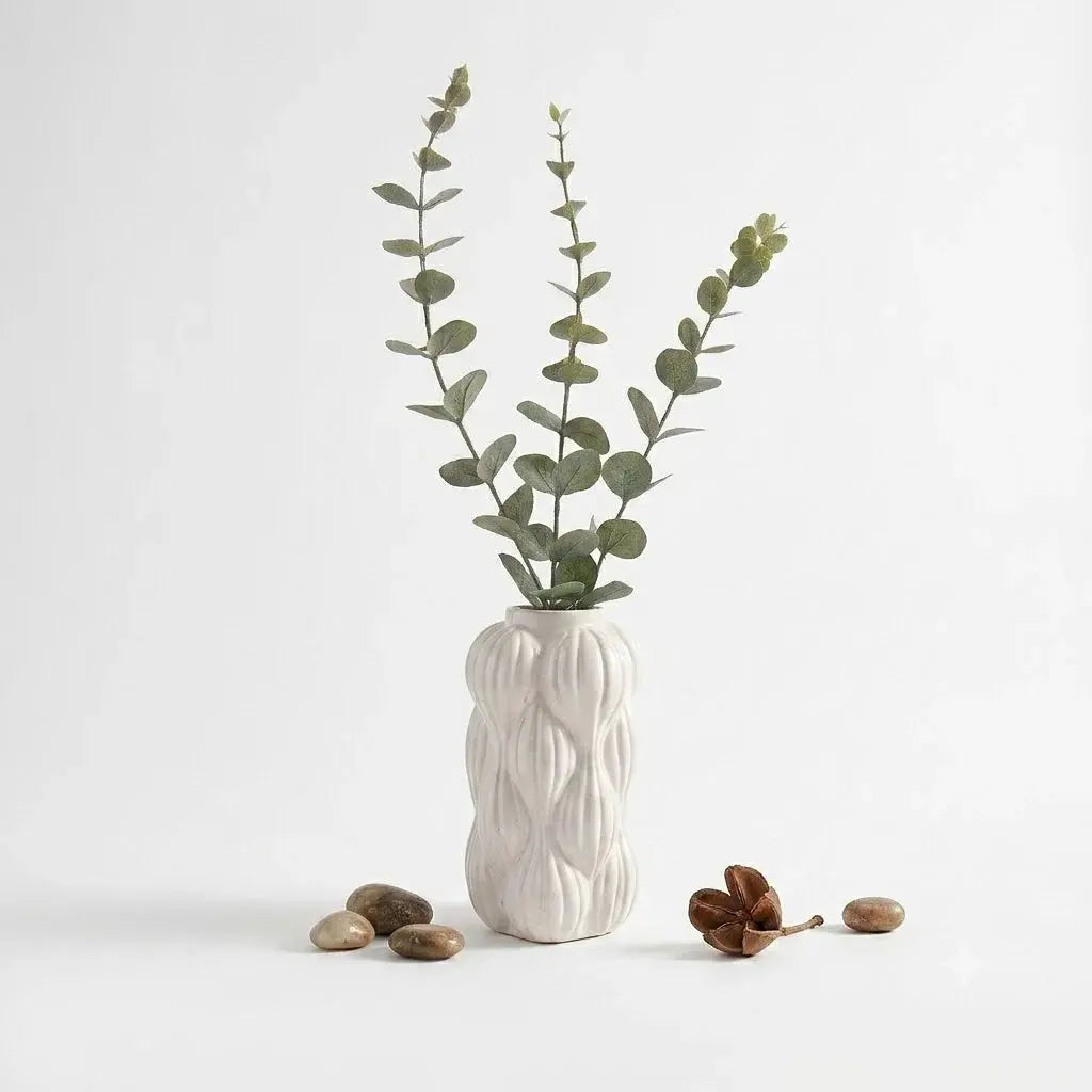White Geometric Ceramic Vase with Artificial Plant | Modern Home Decor Scrollcart Qatar 